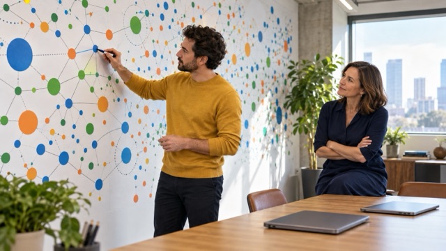 A sales operations manager traces connections on a colorful wall map of accounts while a sales director considers