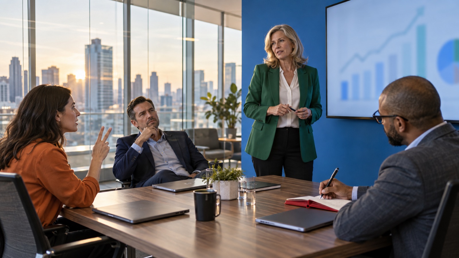 A chief revenue officer leads a lively forecast debate in a blue-walled review room with a blurred chart on the wall display