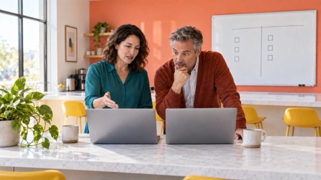 Two revenue leaders compare two laptops side by side at an office kitchen counter with a coral wall