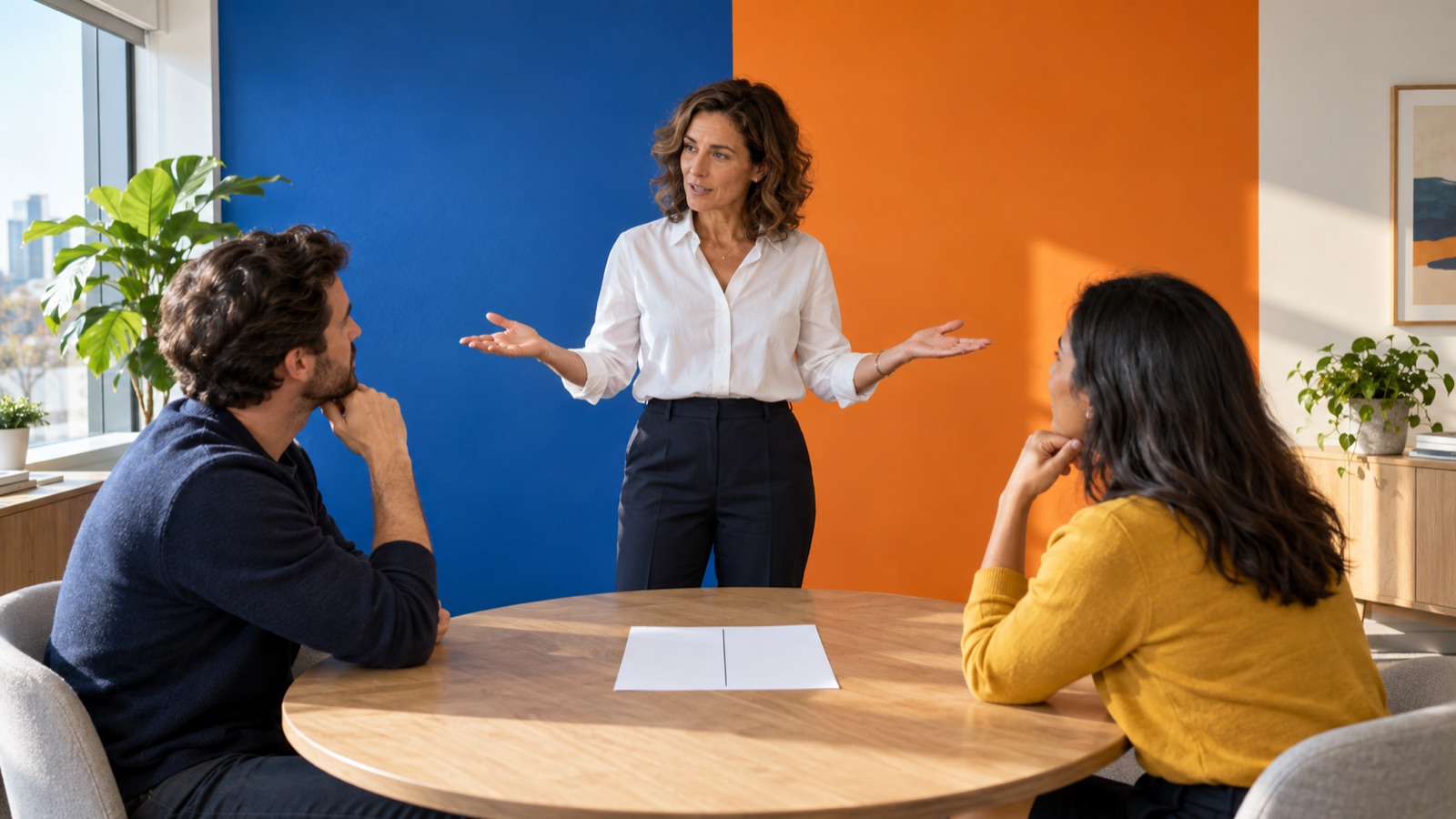 A revenue leader stands at the seam of a blue-and-orange wall explaining a distinction to two colleagues