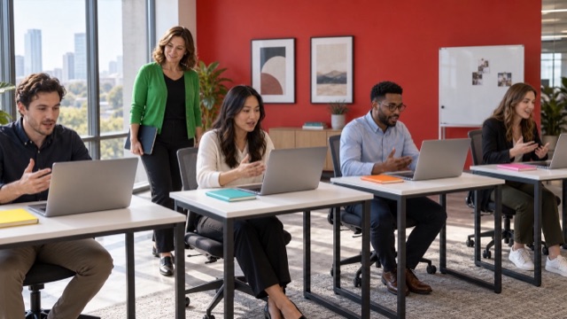 Four sales reps run practice video calls side by side while an enablement manager observes in a red-walled lab