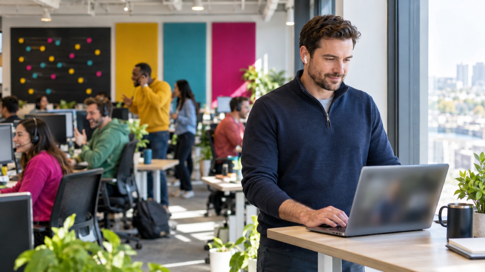 An account executive takes a focused video call at the edge of a colorful, busy outbound sales floor