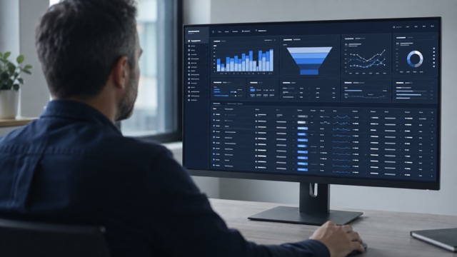 Over-the-shoulder view of a sales rep looking at a monitor filled with detailed CRM charts and a long table of deal records