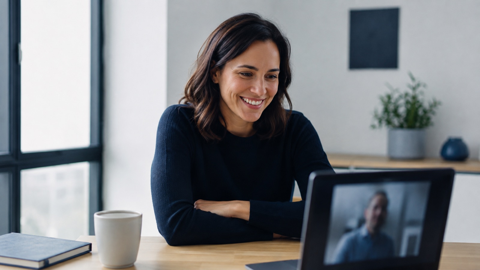 A sales rep on a video call at a desk by a window, relaxed and not taking notes