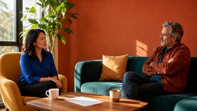 A sales rep pauses before responding to a buyer across a low table in a bright, colorful office lounge